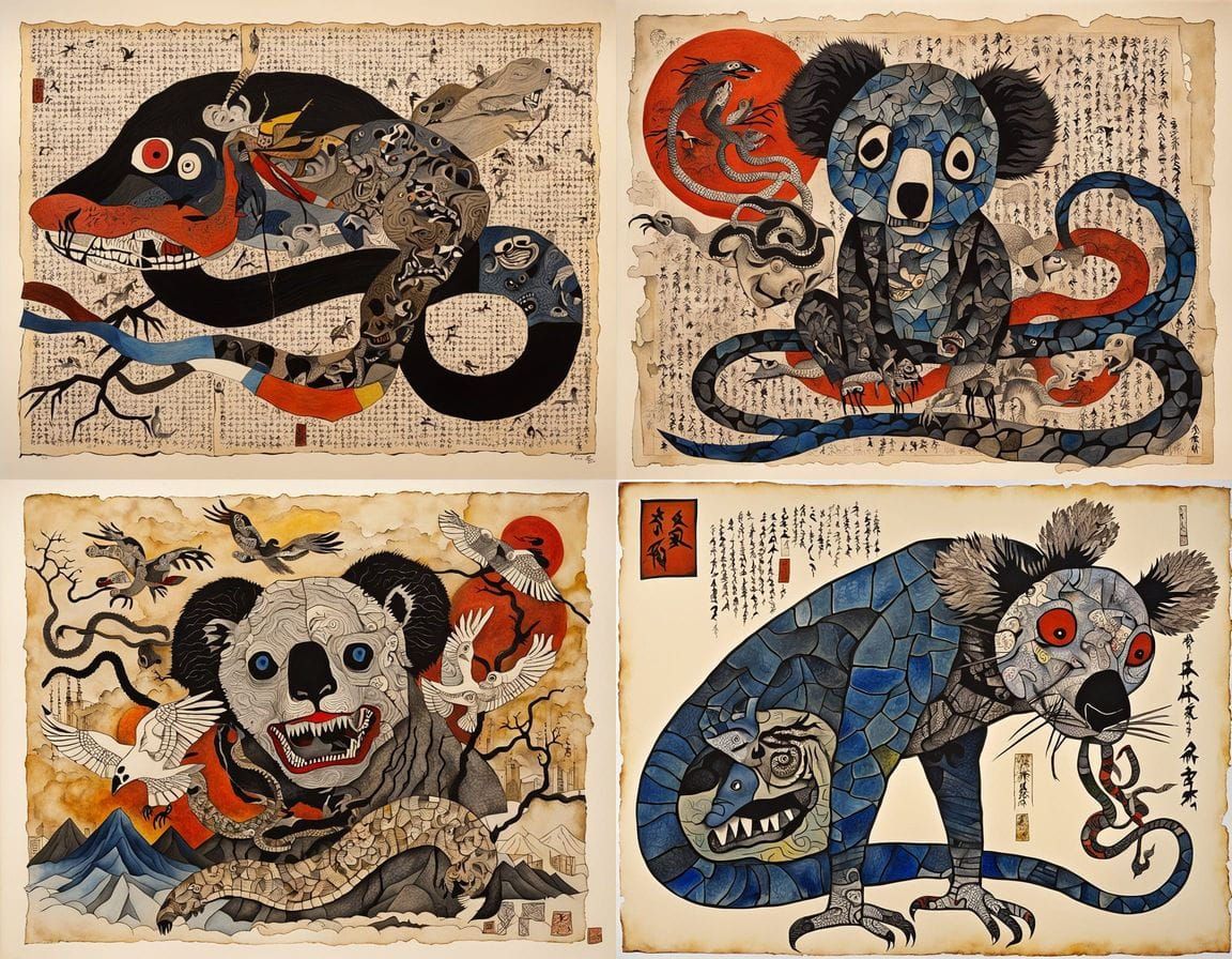 Mystical Japanese Mixed Media Scene with Koala and Cranes