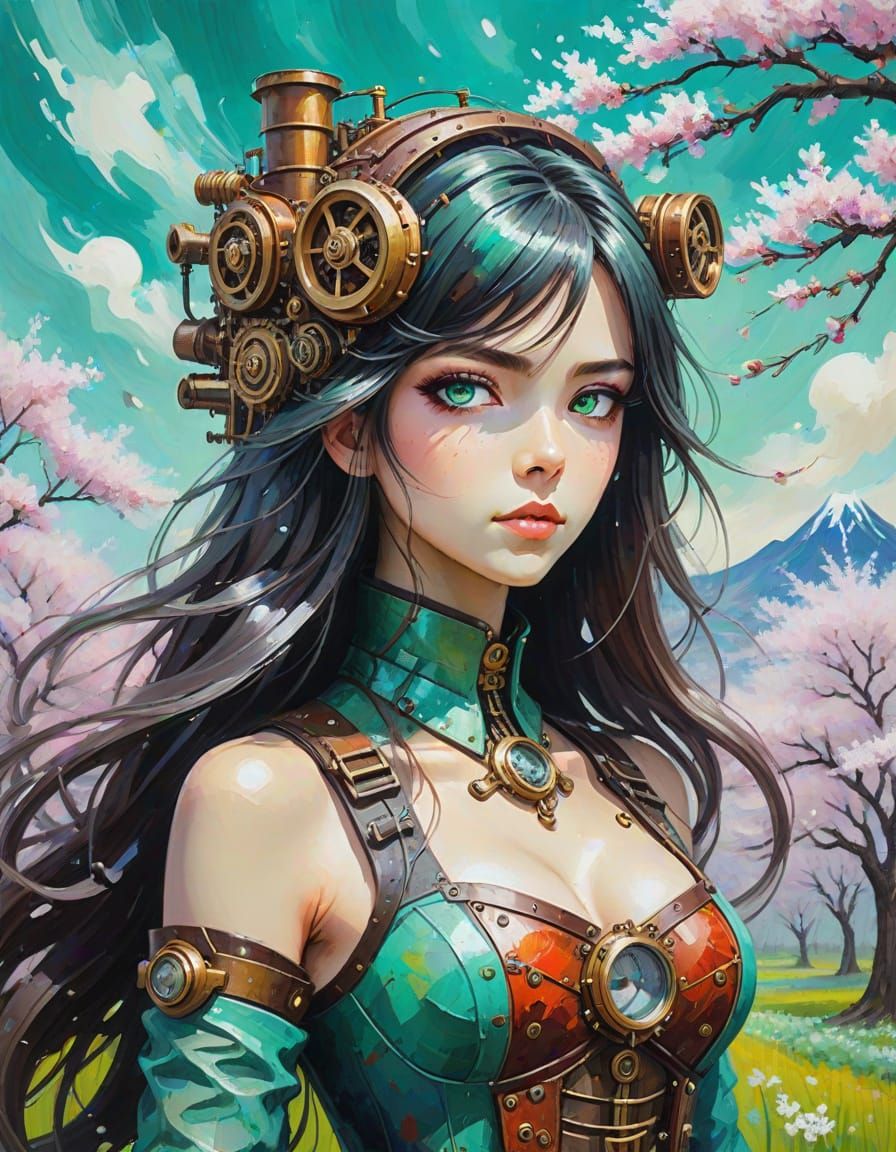 Steampunk Woman in Blossoms: Anime Digital Painting