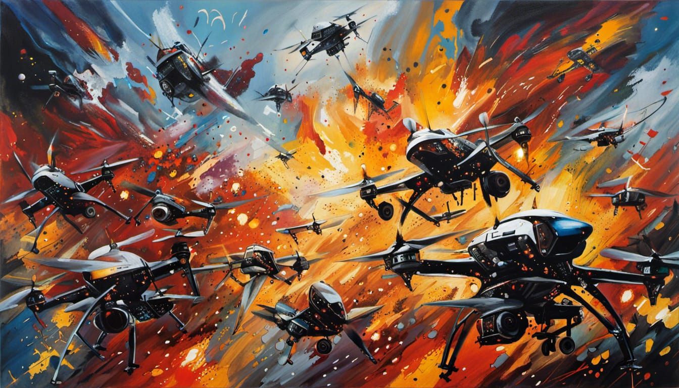 Drones Clash with Missiles in Fiery Acrylic Art