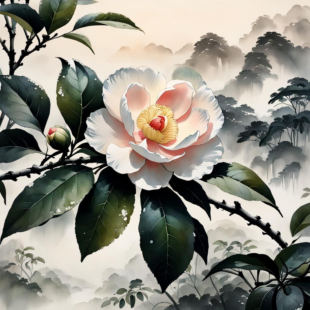 Camellia in Muted Chinese Ink Painting Style