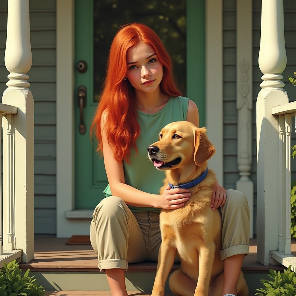 Hyperrealistic Portrait: Redhead with Golden Retriever