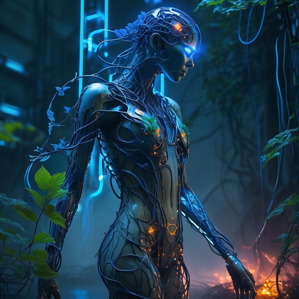 Cyberpunk Elemental Creature Intertwined with Nature
