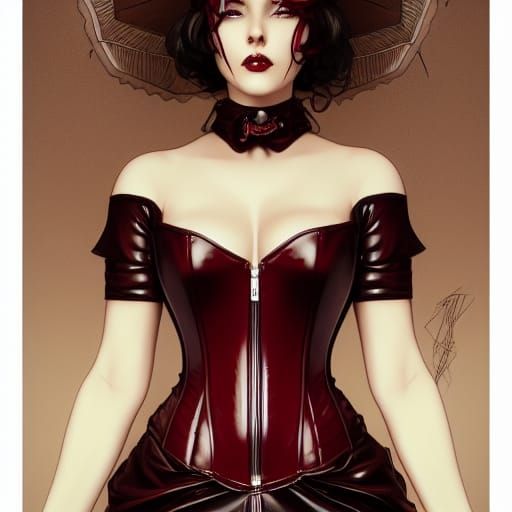 Gothic Anime Woman in Burgundy Latex, Neon Art
