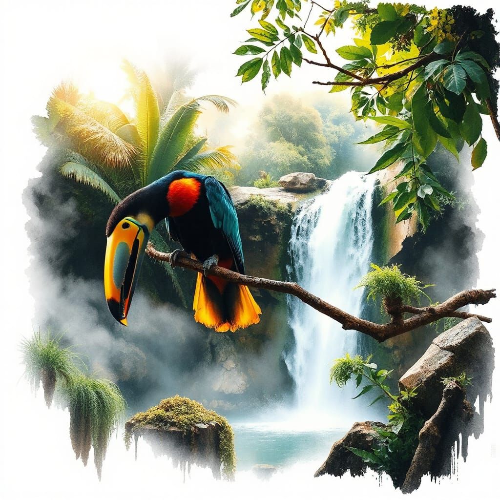 Surreal Rainforest Oasis in Vibrant Watercolour