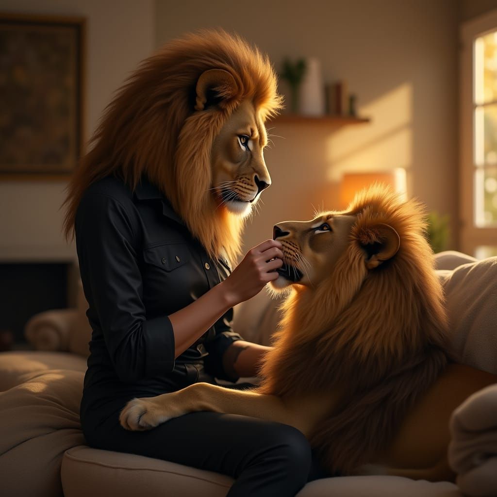 Lion and Trainer in Living Room, Digital Art