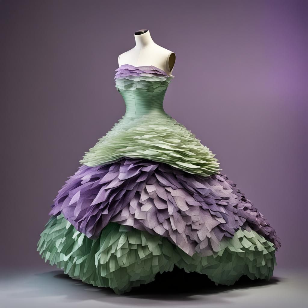 Paper Collage Dress:: Vintage Multilayer Bouffant Paper Ball Gown :  Asymmetrical : Textured Frosted Purple, Green Ice P...