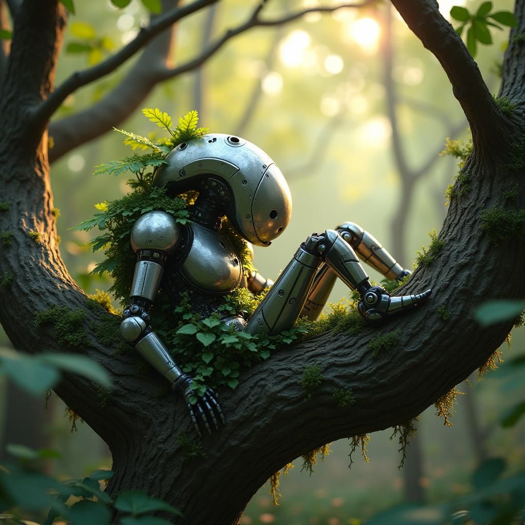 Nature Robot Golem in Forest Sunlight