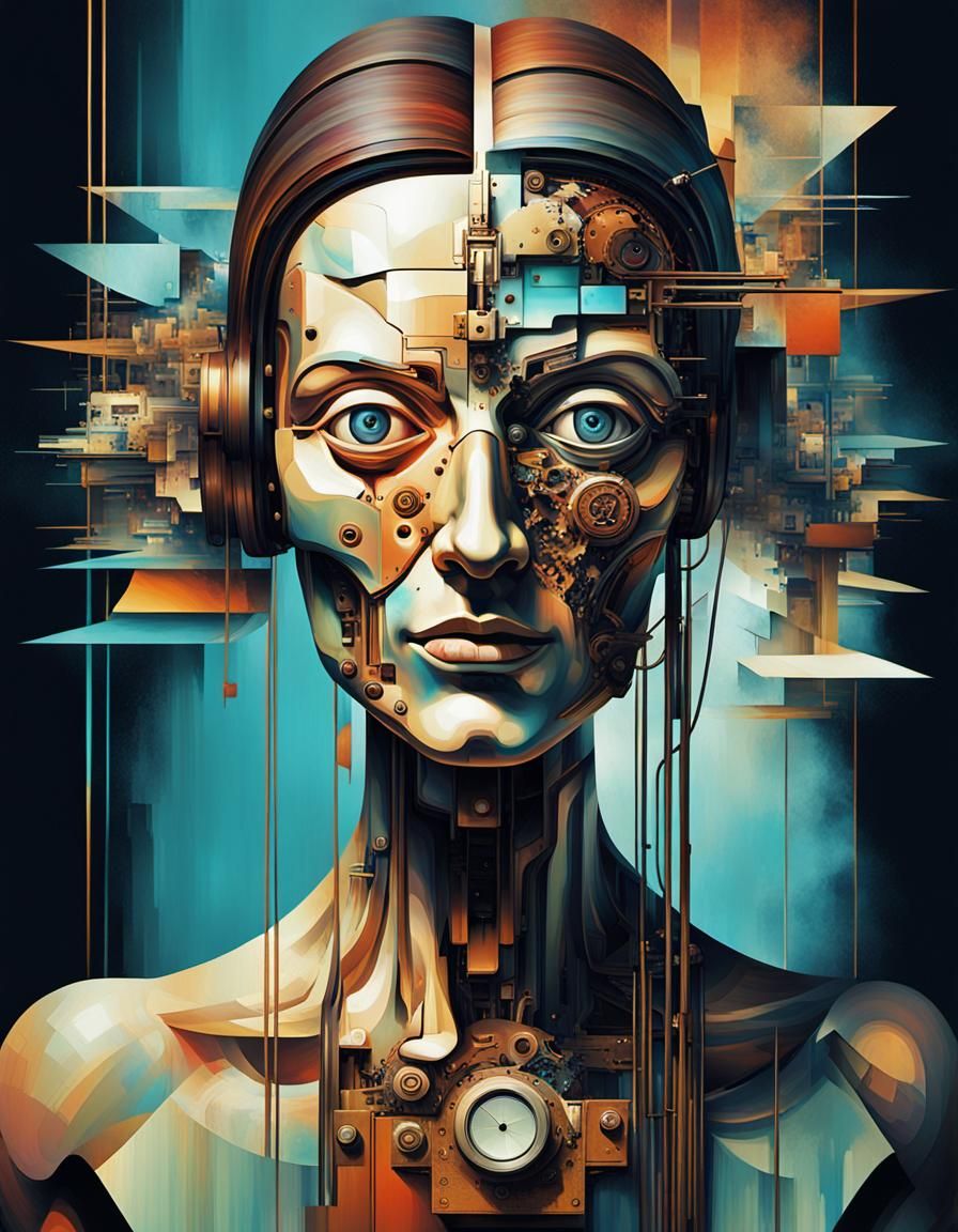 Distorted Robotic Steampunk Face in Glitch Art