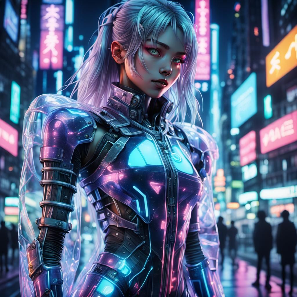 Cyberpunk Cyborg Wrapped in Neon Plastic Anime Style