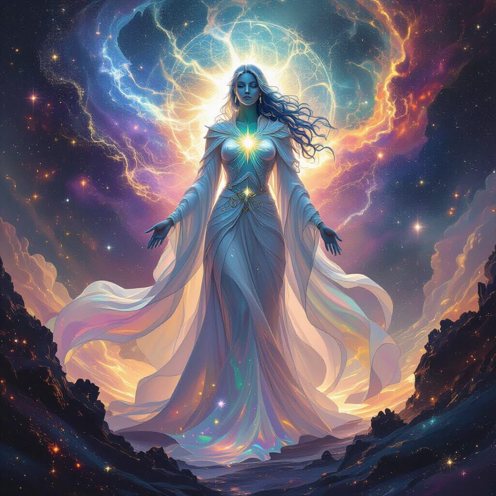 Cosmic Androgynous Figure in Ethereal Nebula