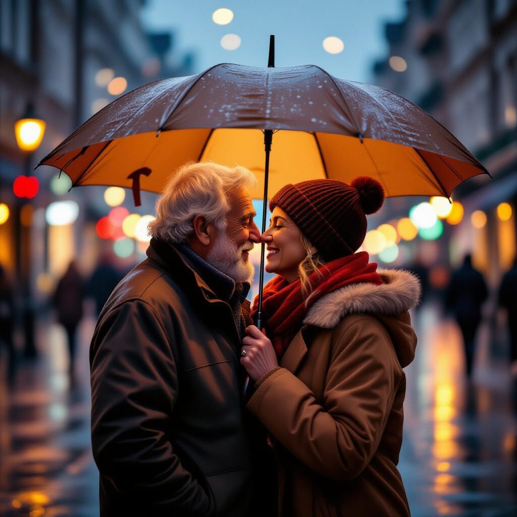Romantic Elderly Couple Kiss in Impressionist Style