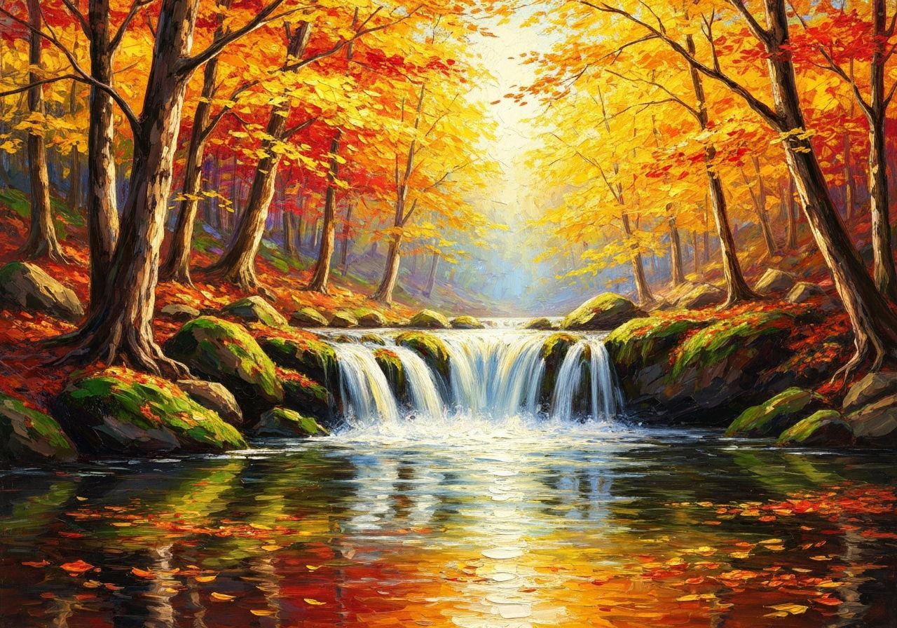 Radiant Autumn Waterfall in Sunlit Forest