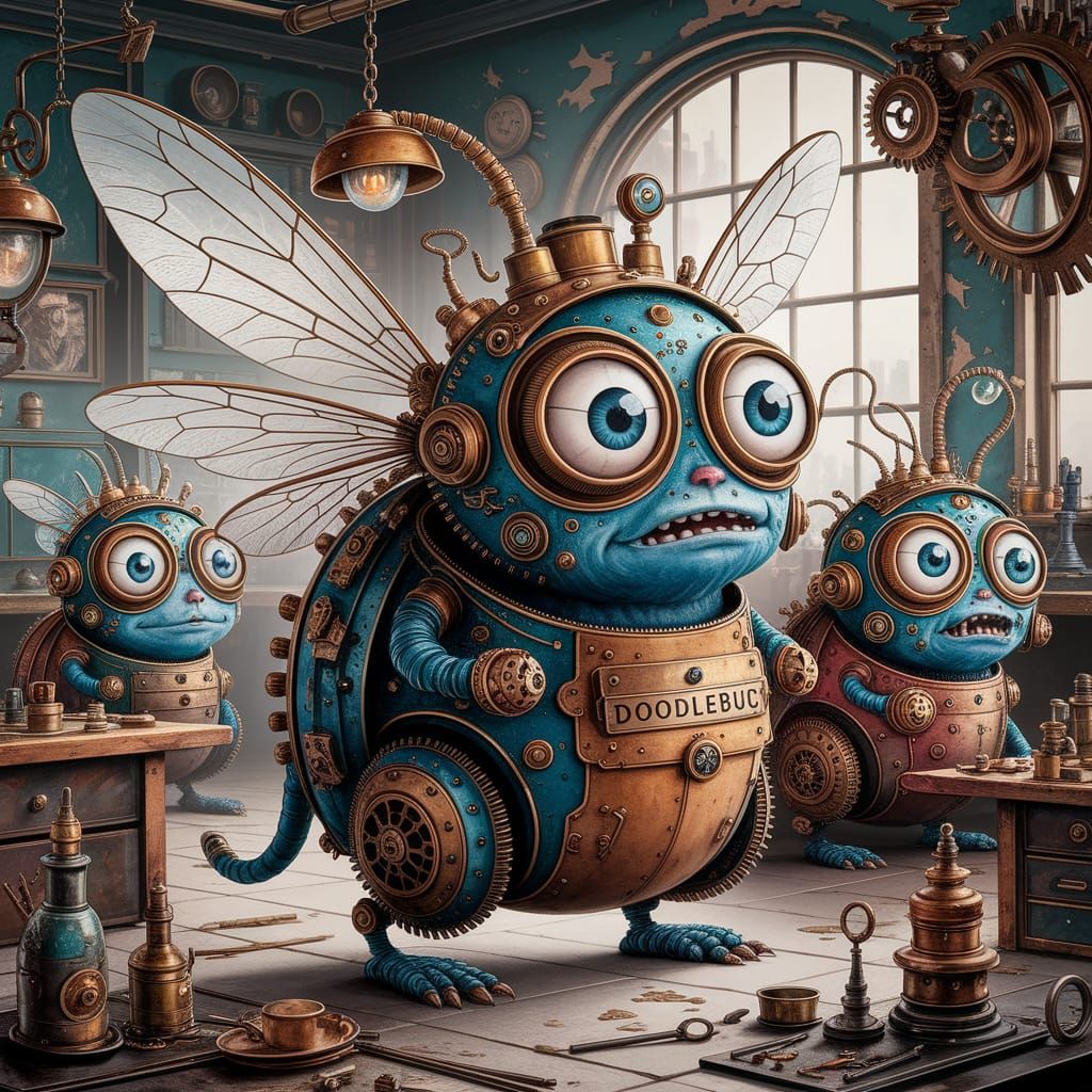 Steampunk DoodleBug and Friends in Vintage Workshop