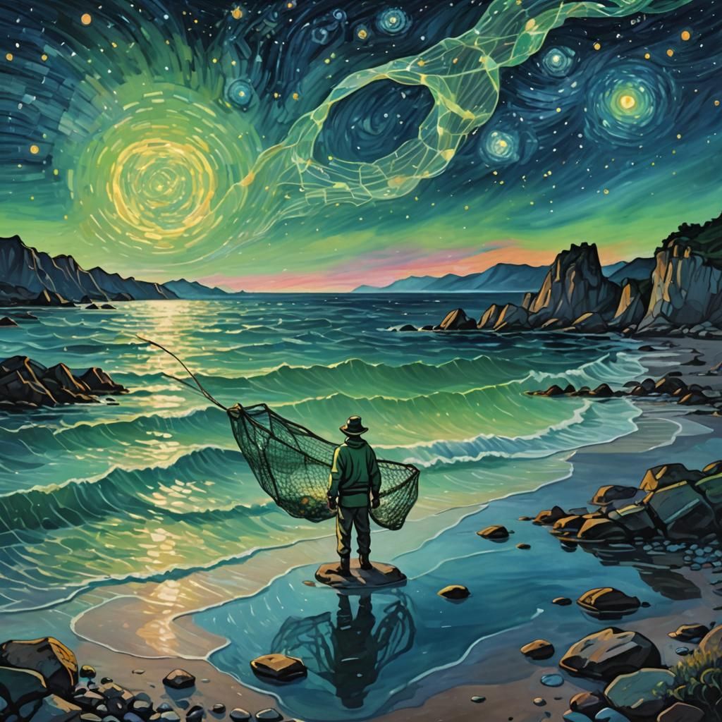Fisherman Captures Starlight in Van Gogh Style