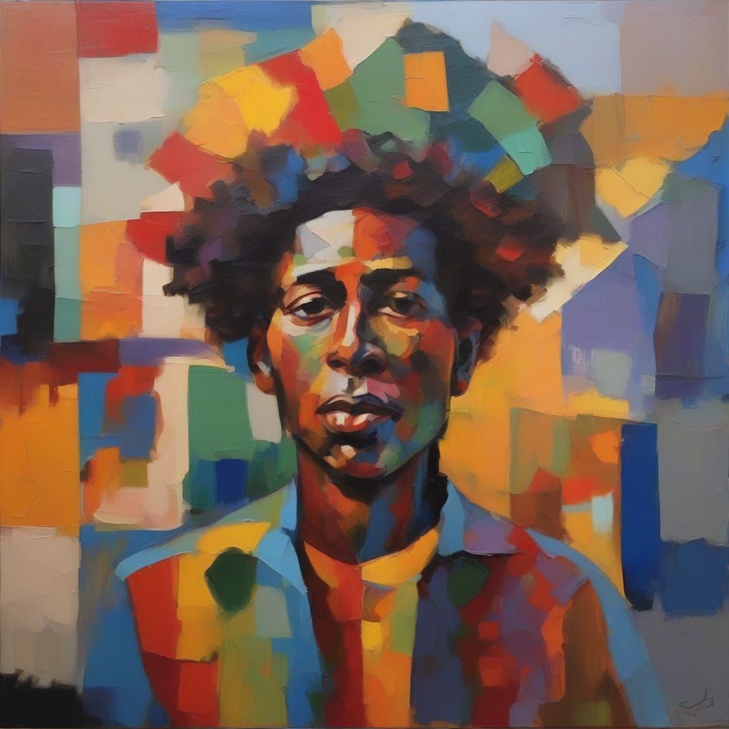 Cubist Portrait of a Confident Afro Man in Vibrant Oil