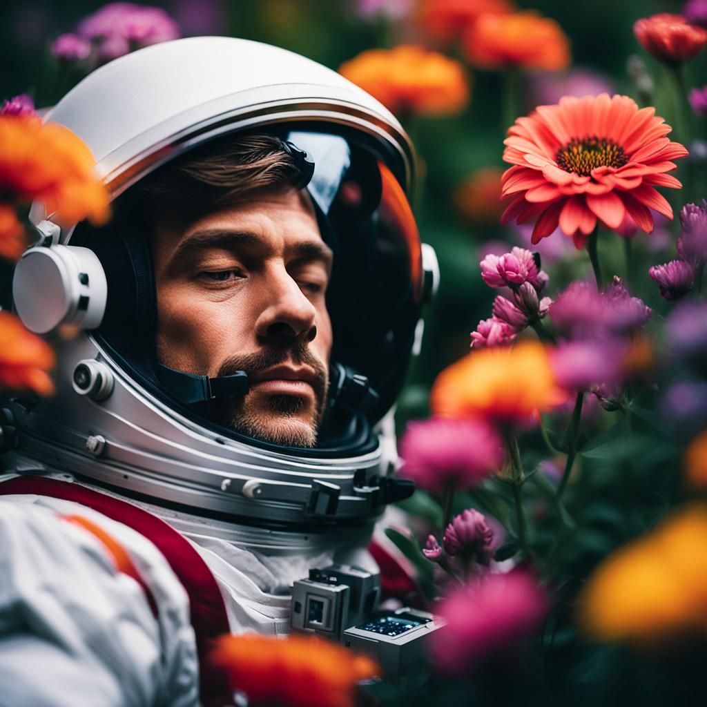 Astronaut in Flower Garden with Universe Reflection