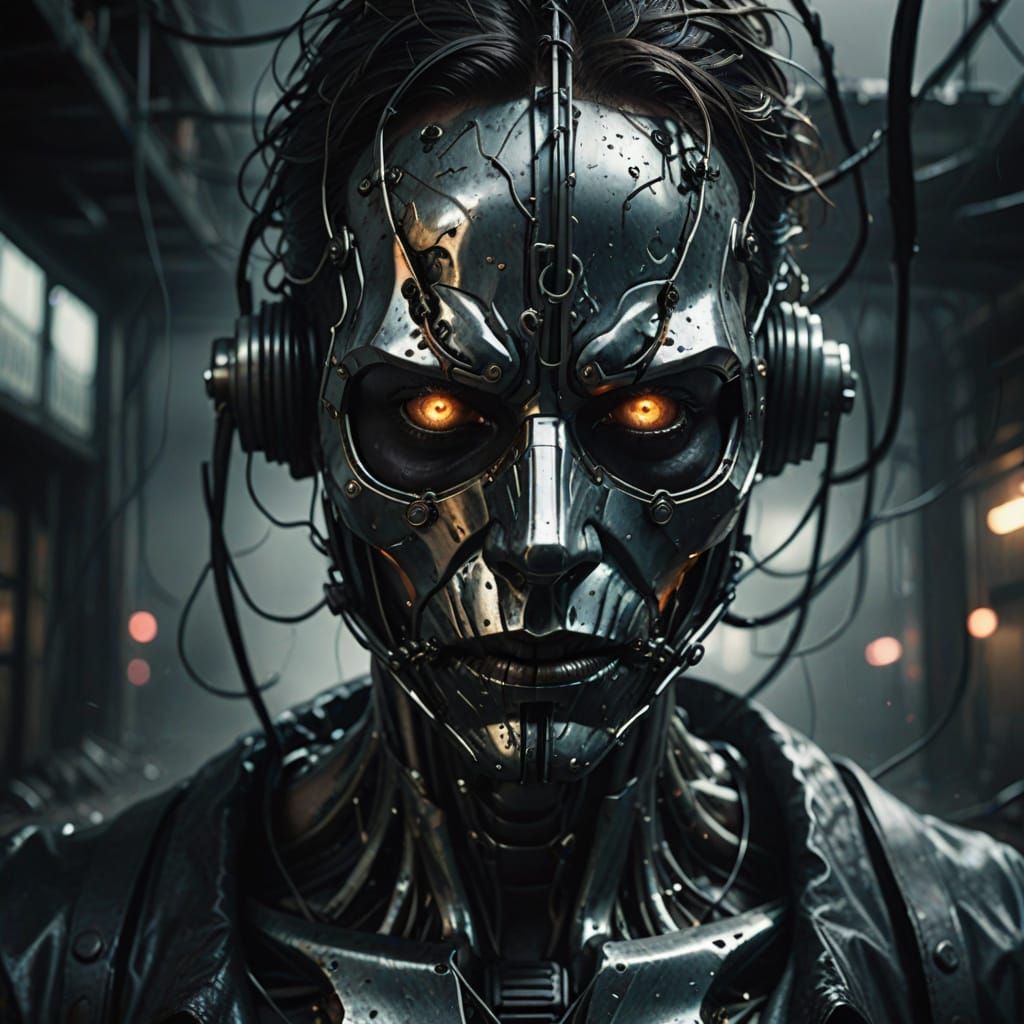 Distorted Face Struggles with Wire in Gritty Metallic Mask