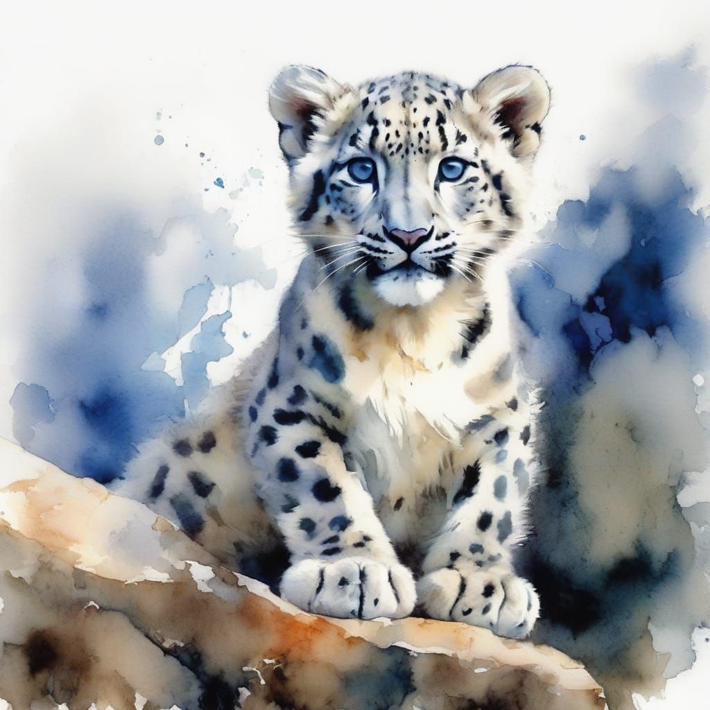 Snow Leopard Cub on Rocky Ledge in Watercolour Style