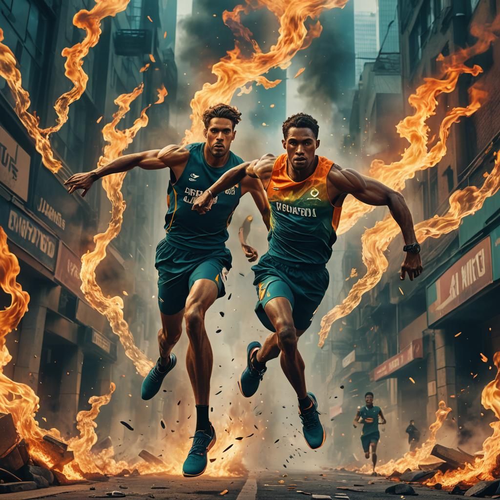 Olympic Runner Amidst Abstract Flames: Digital Art