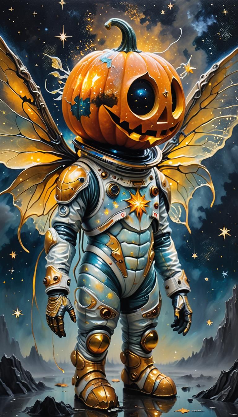 Surreal Pumpkin Creature in Spacesuit Oil Painting