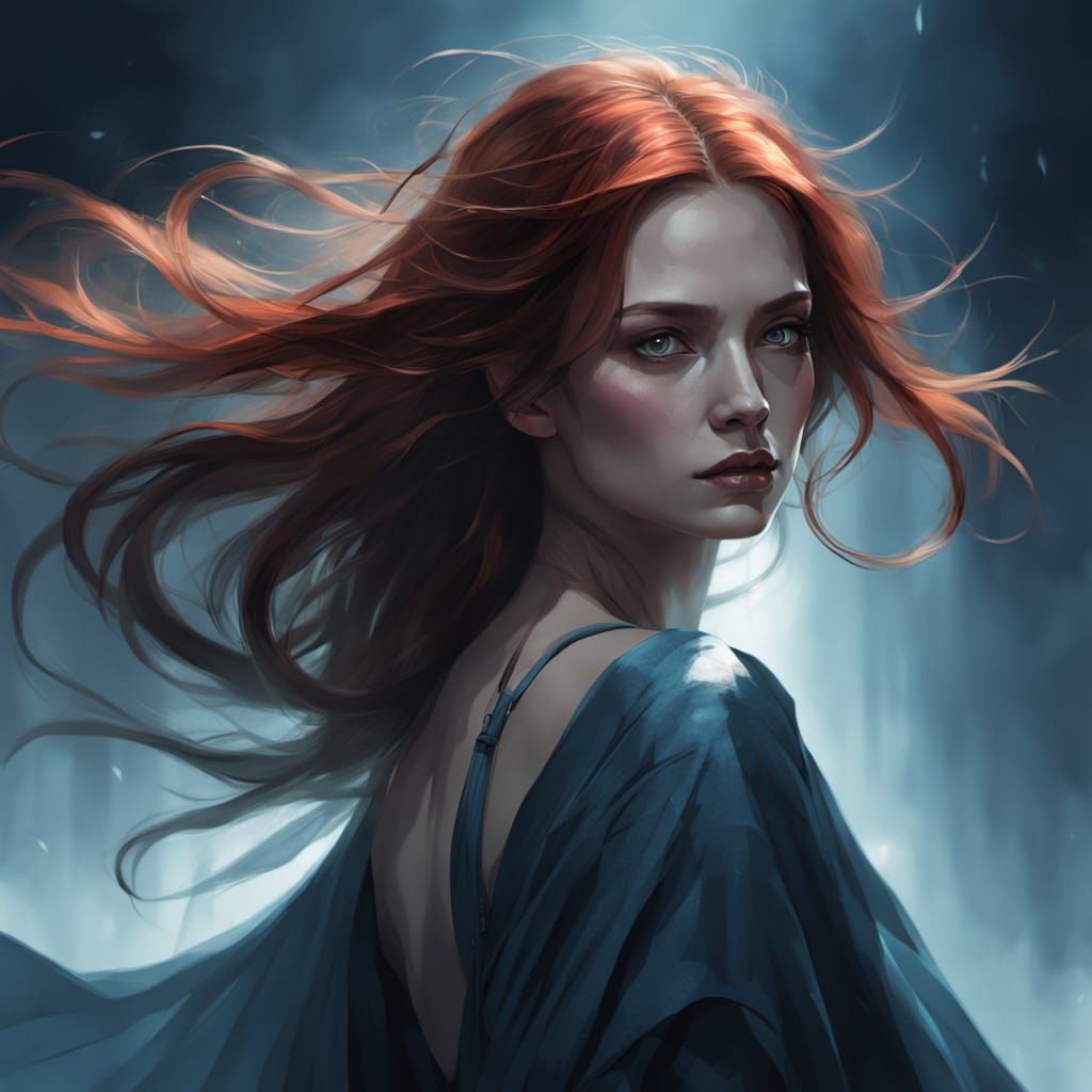 Ethereal Fantasy Woman with Auburn Hair in Dramatic Light