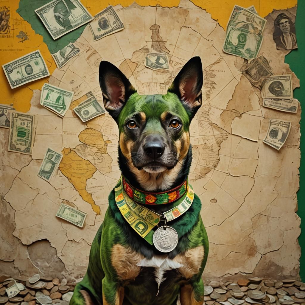 Green Dog with Dollar Bills in Frida Kahlo Style