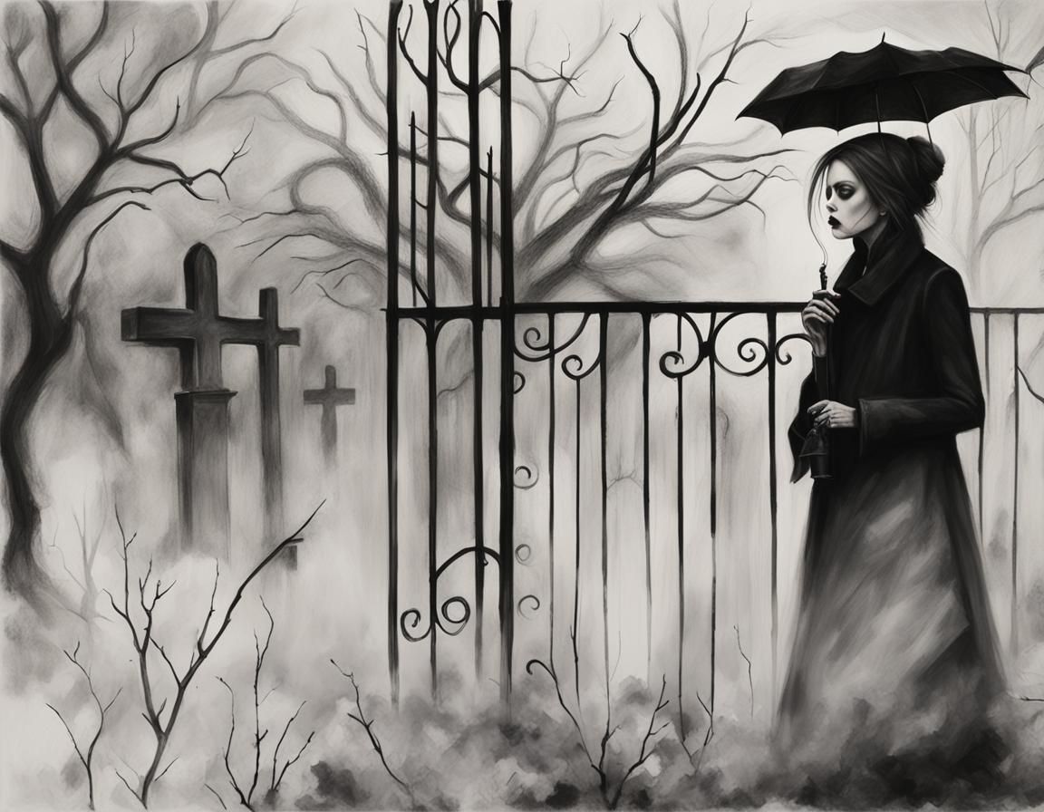 Goth Model in Rainy Coffee Shop, Charcoal Art