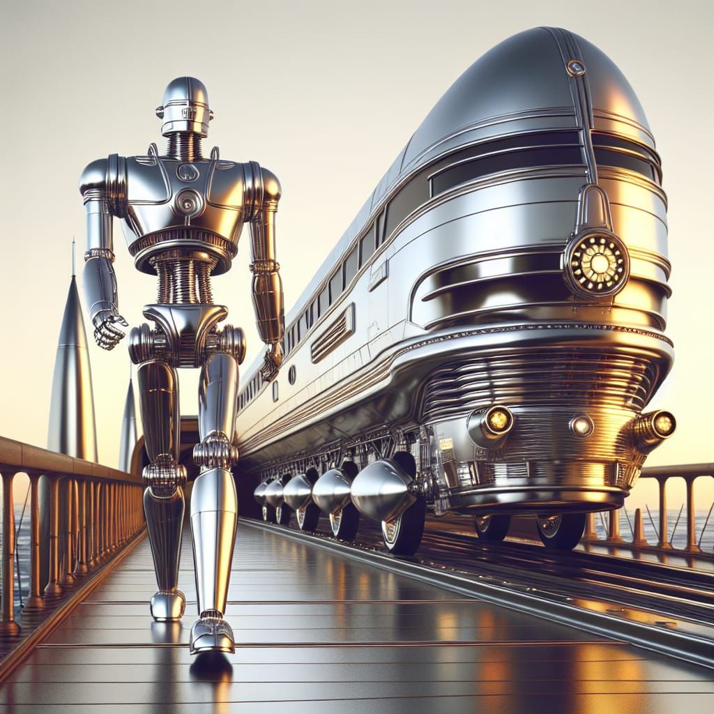 Retro Chrome Robot on Rocket Bridge, 1950s Sci-Fi