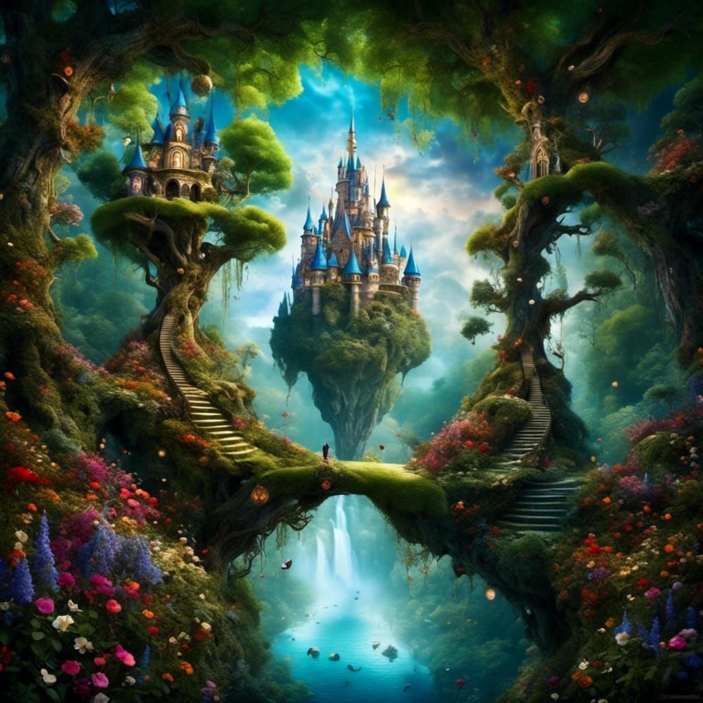 Dreamy Surreal Landscape with Floating Castle