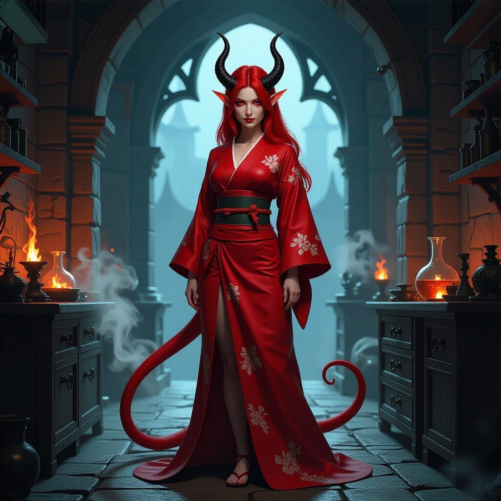 Tiefling Alchemist in Red Kimono in Gothic Laboratory