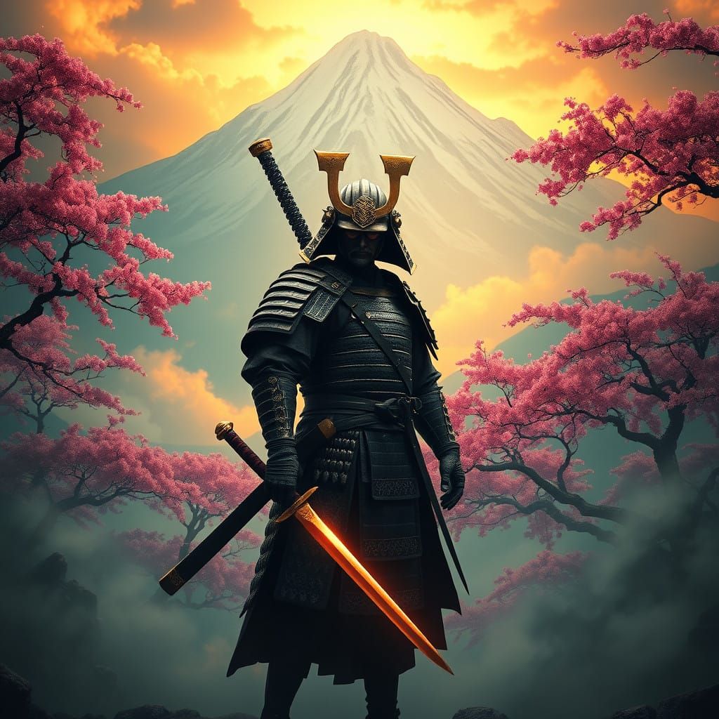 Serene Samurai in Ancient Japanese Fantasy Landscape
