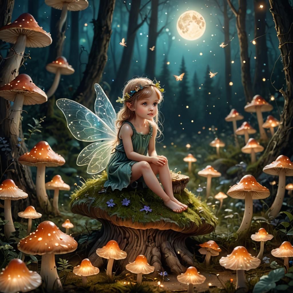 Adorable Fairy on Mushroom in Moonlit Forest