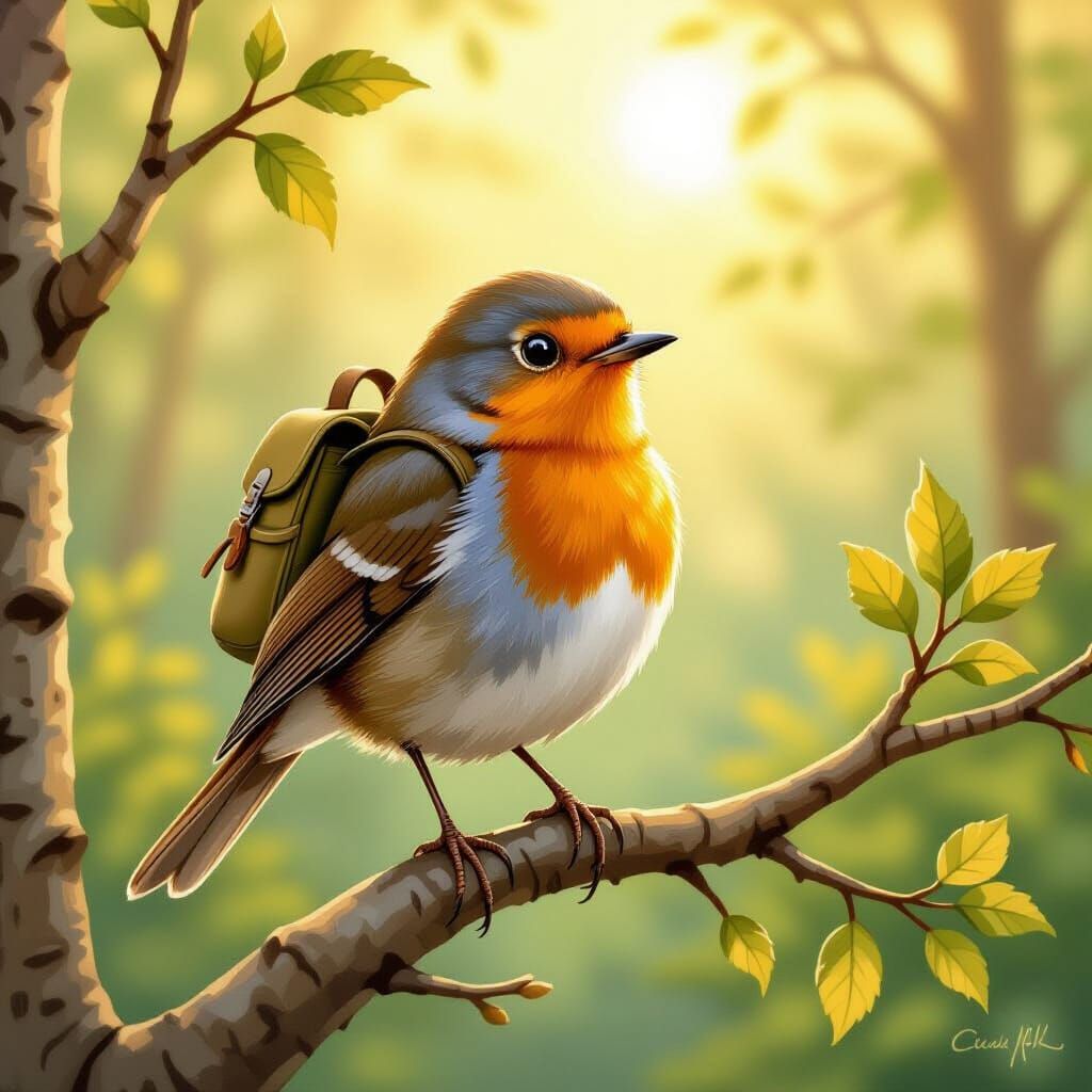 Robin with Backpack in Beatrix Potter Style