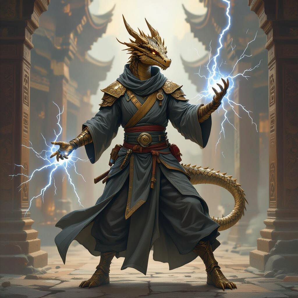 Bronze Dragonborn Monk in Ancient Temple