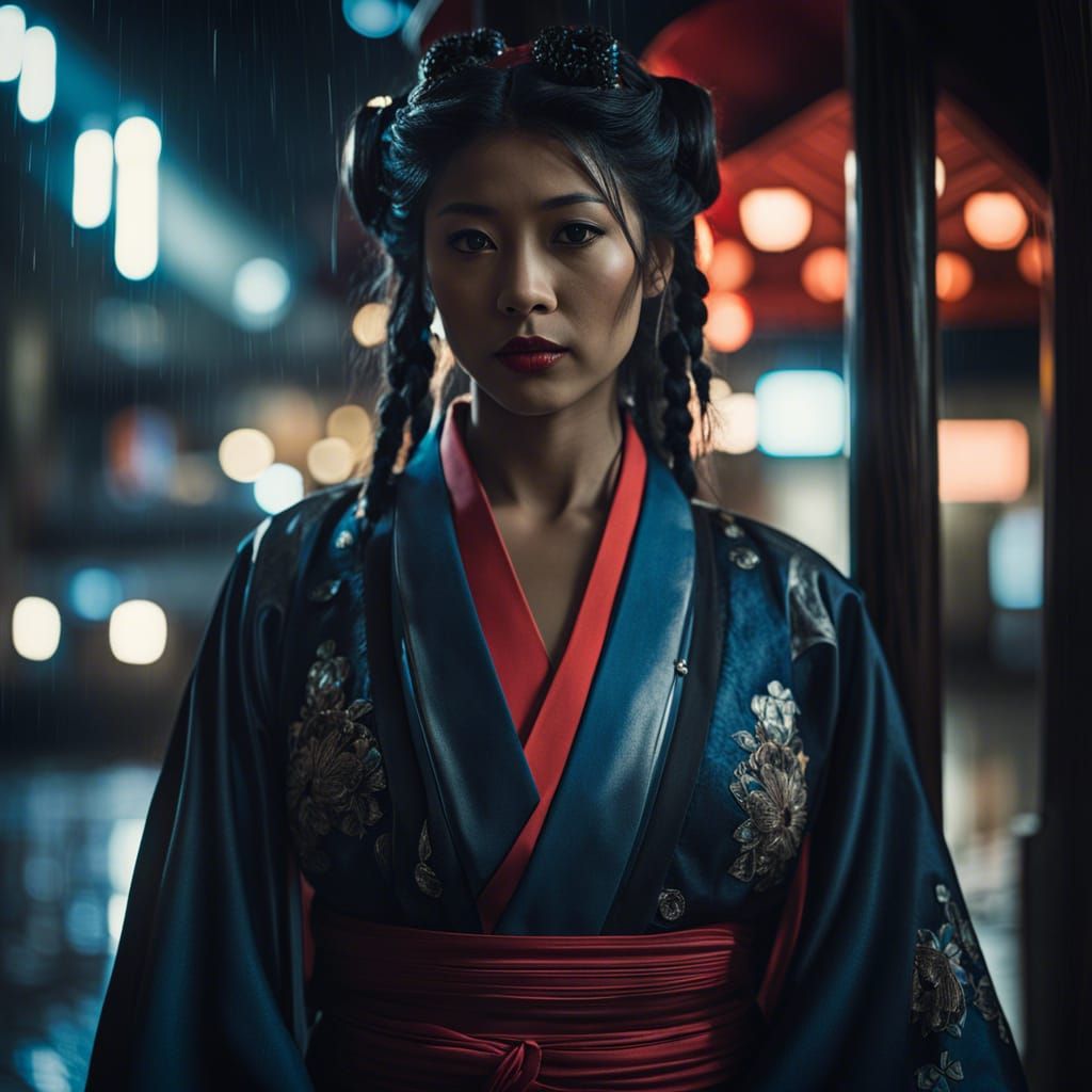 Shinto Shrine Maiden in Rainy City: Film Noir Portrait