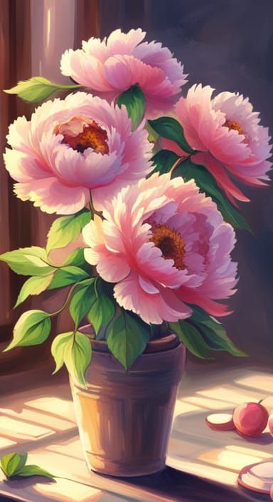 Peonies in Vase Inspired by Ghibli Anime Style