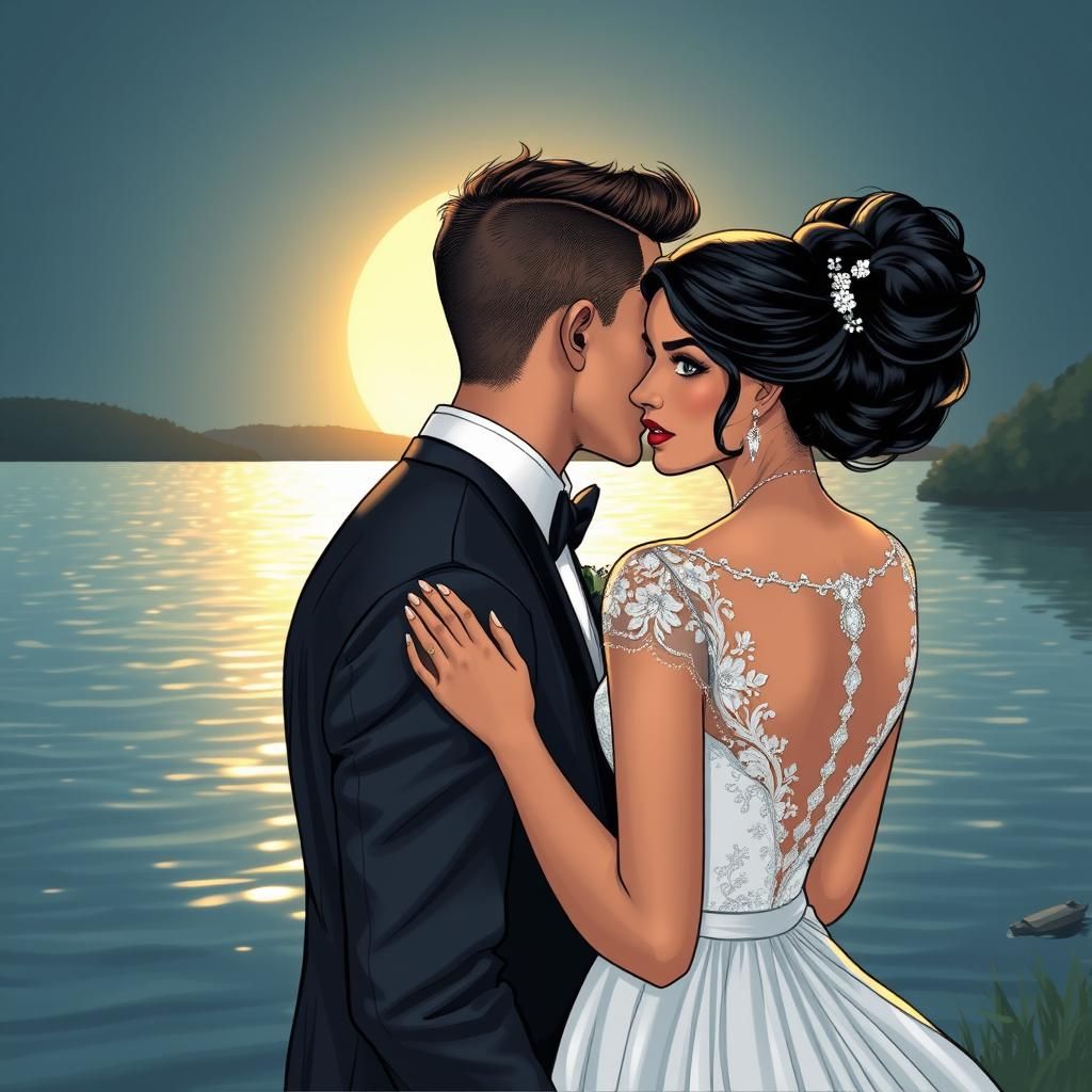 Romantic Lakeside Bridal Couple in Comic Book Art