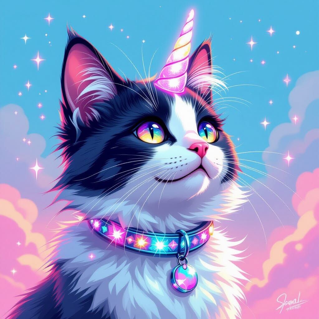 Whimsical Cat-Dog Hybrid with Horn in Dreamy Landscape