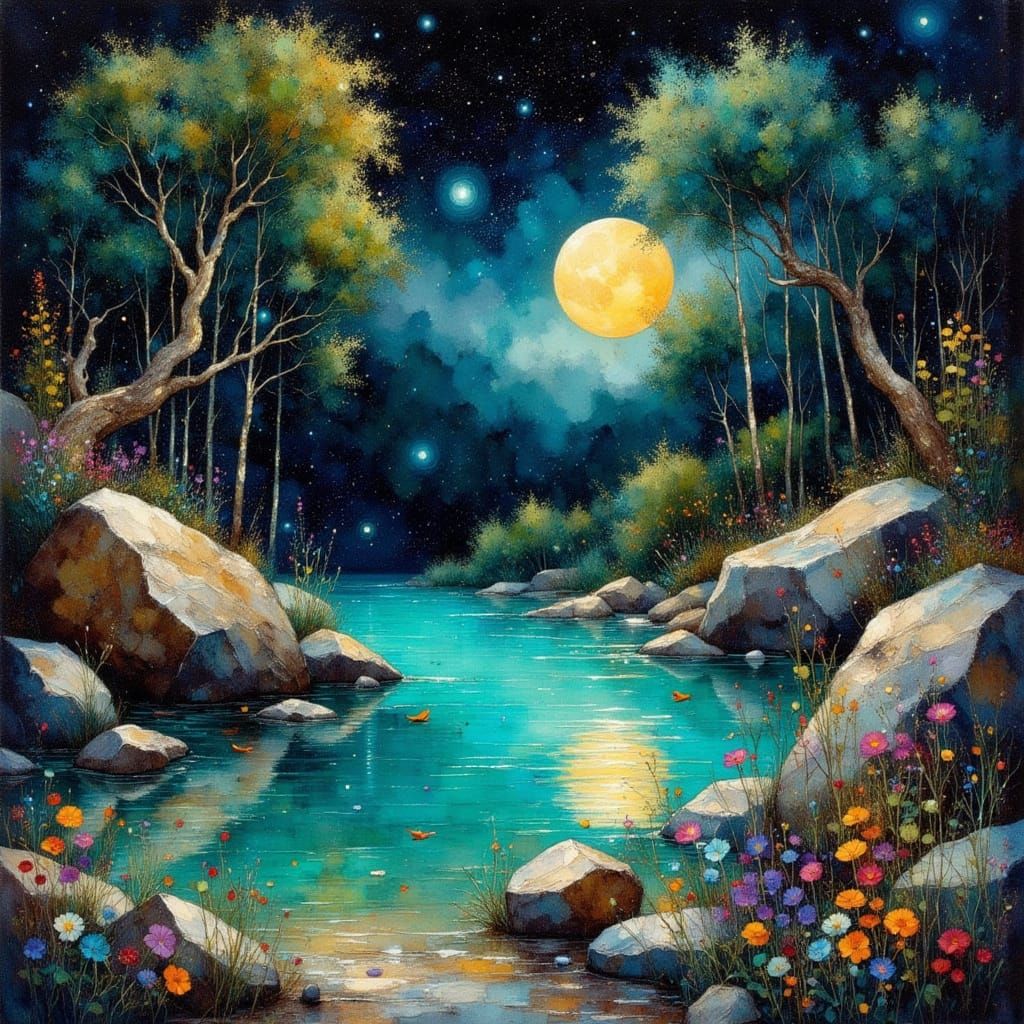 Bioluminescent Hot Spring in Expressive Gouache Style