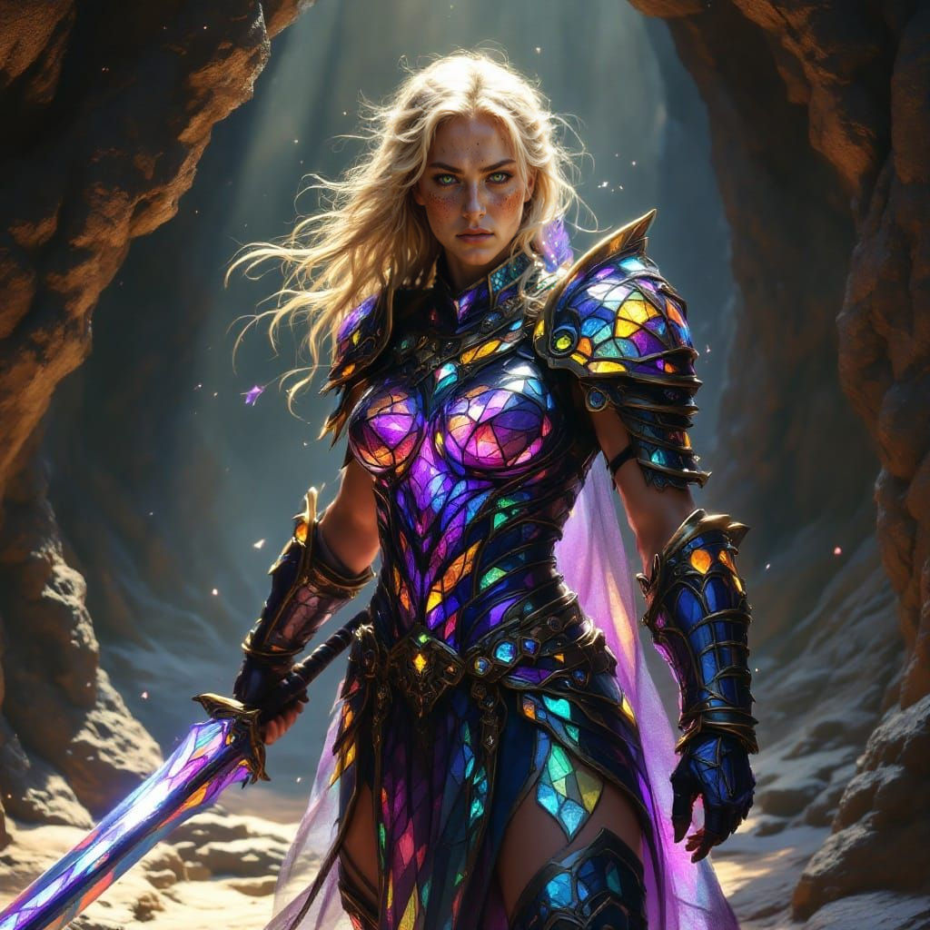 Surreal Warrior Goddess in Stained Glass Armor