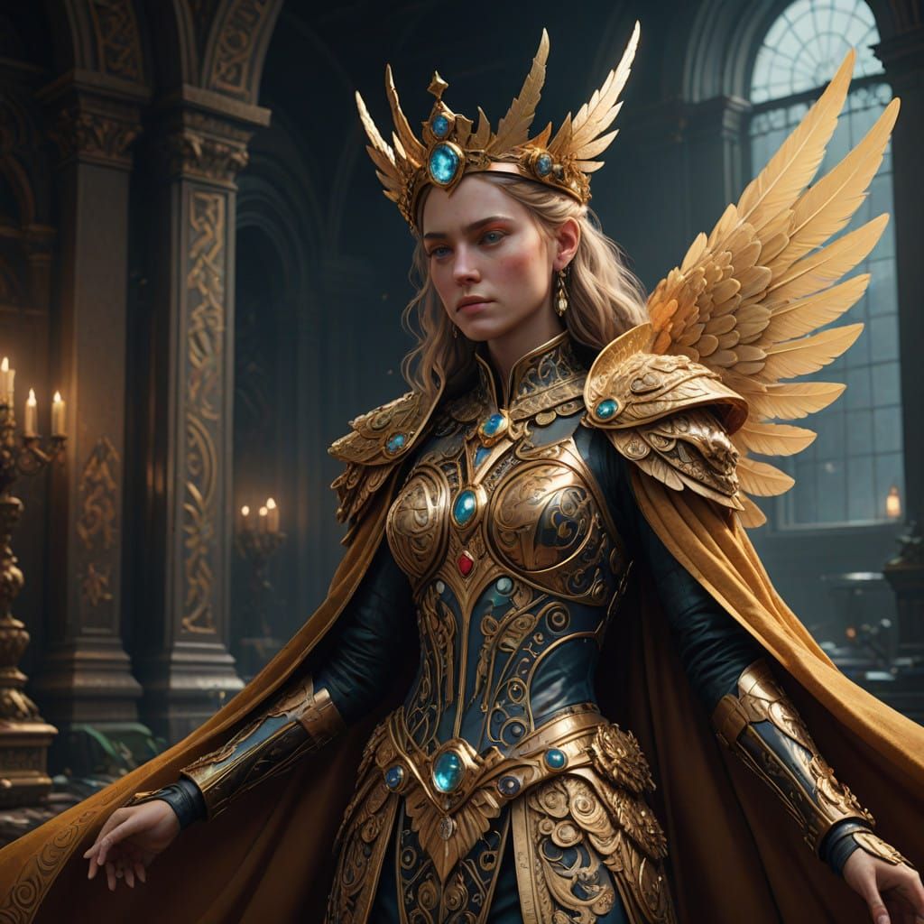 Regal Woman in Opulent, Golden Gown with Angelic Wings