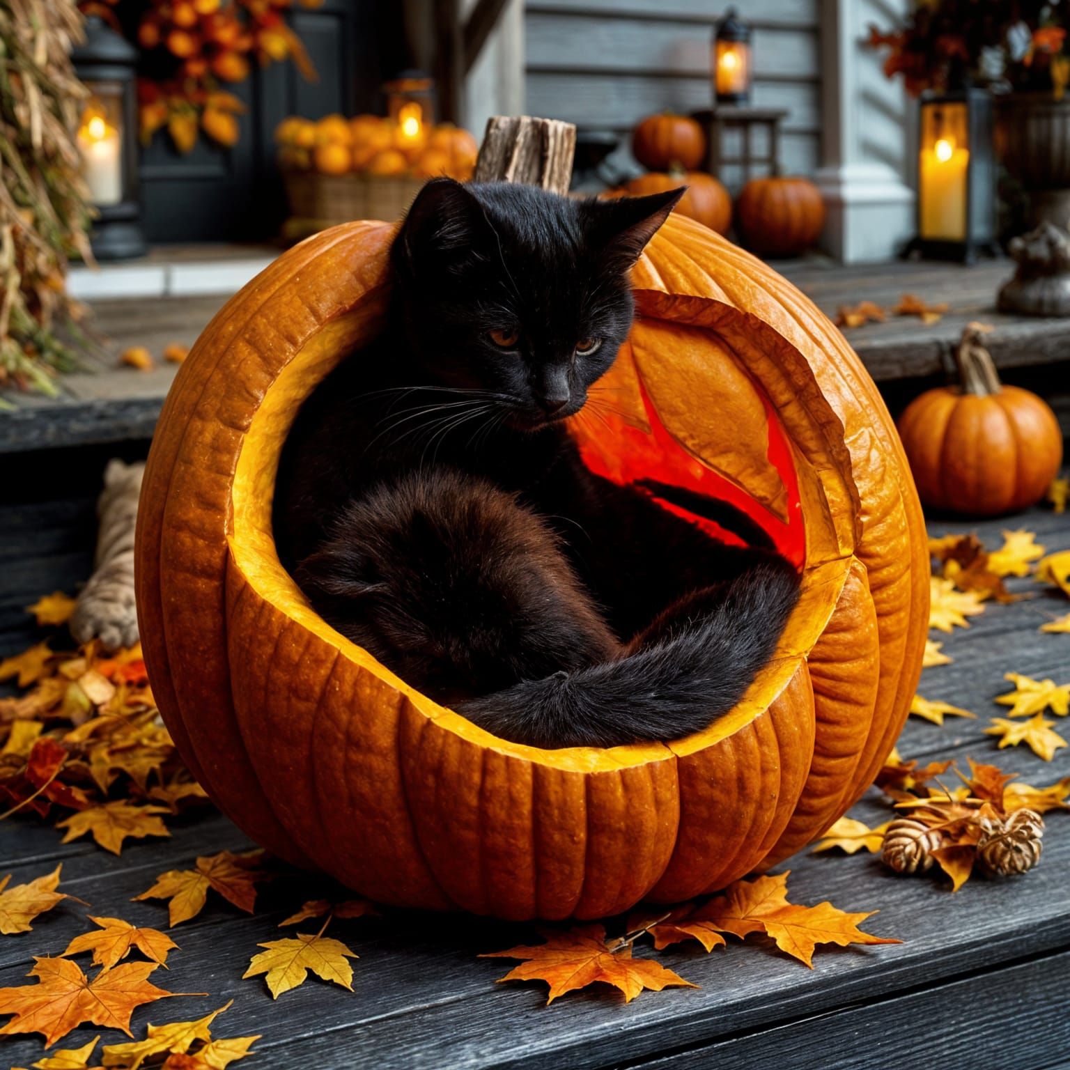 Cute Black Cat Sleeps in Glowing Jack-o'-Lantern