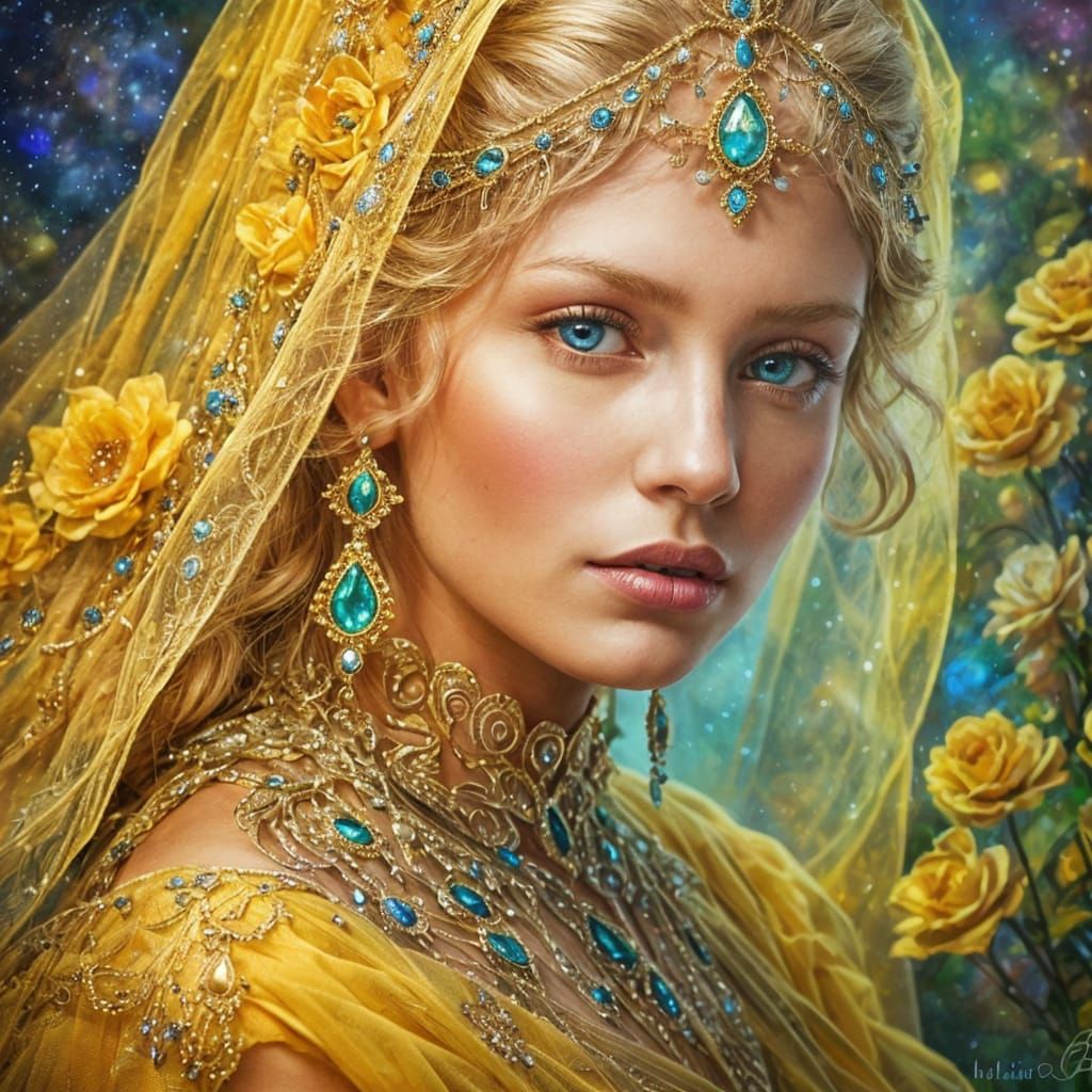 Blonde Princess in Yellow Gown with Volumetric Lighting