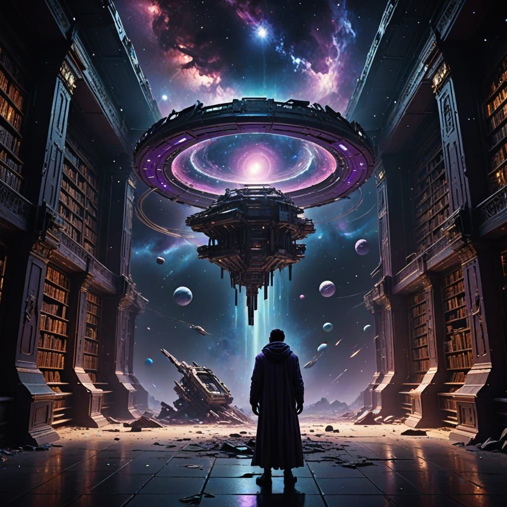 Colossal Celestial Being Reads in Ruined Void Library