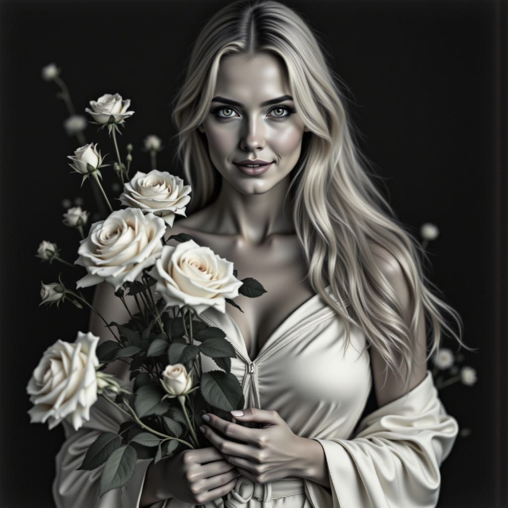 Charcoal Portrait of Woman Offering Roses with Punk Double E...