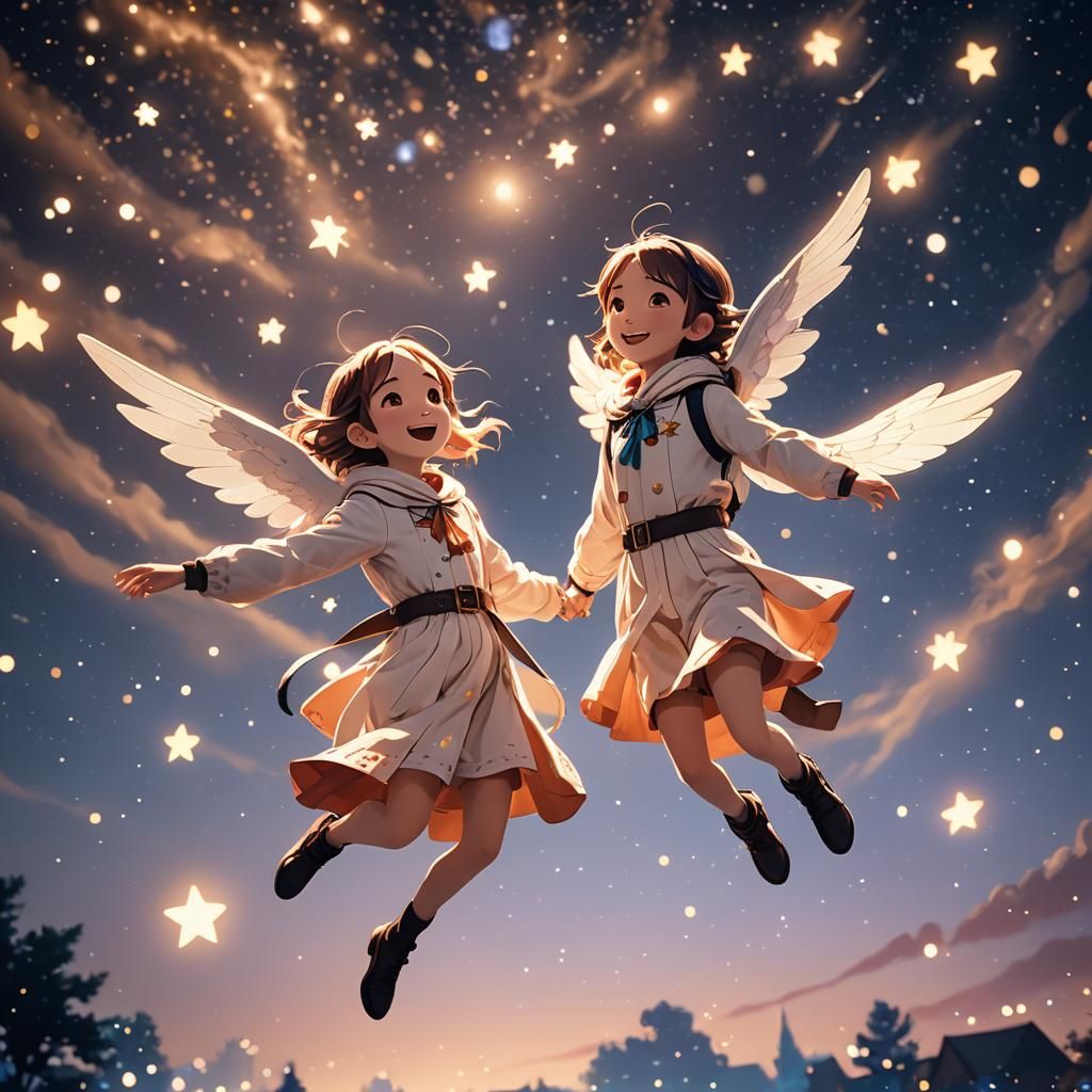 Anthropomorphic Characters Fly Through Dreamy Night Sky