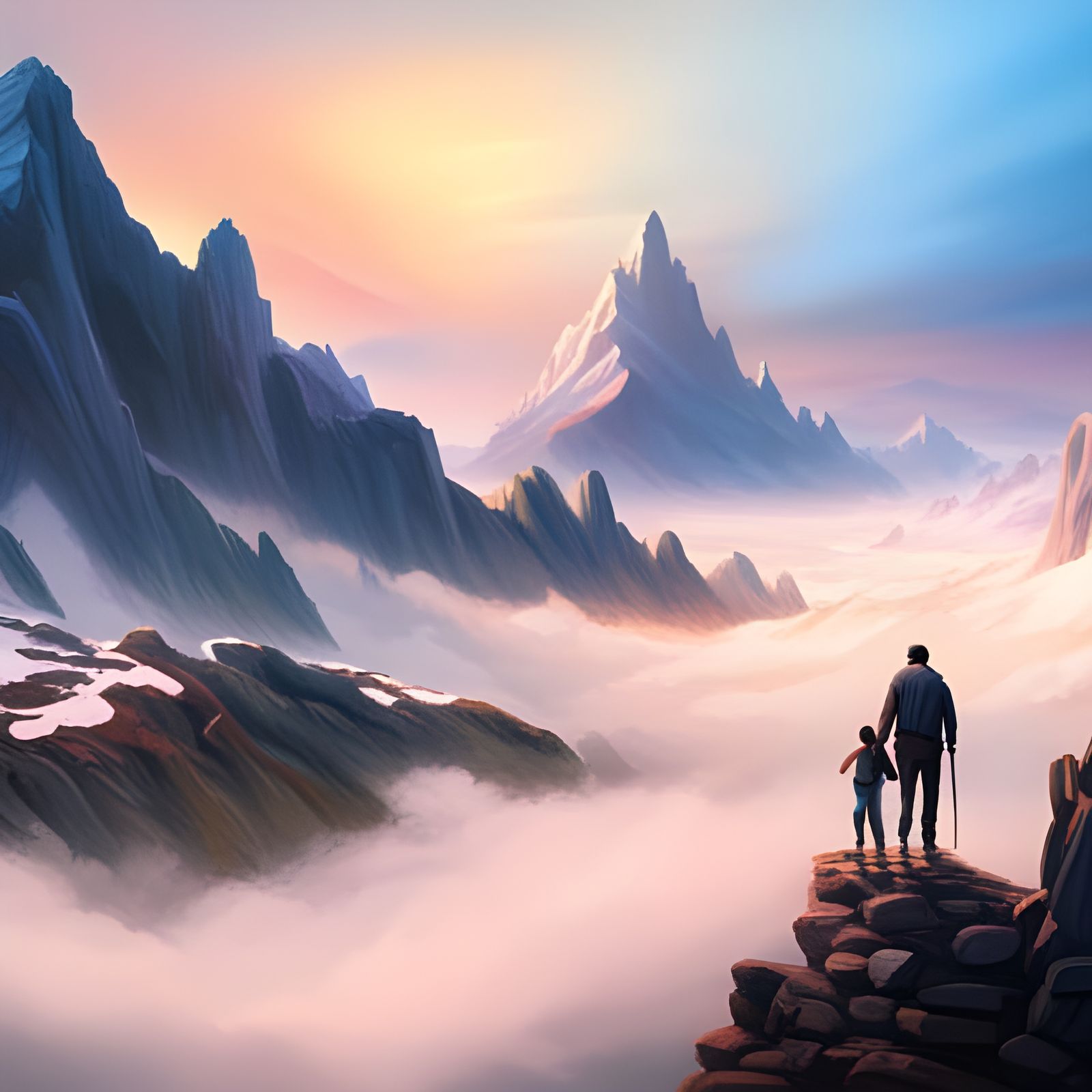 Father and Son Stroll in Epic Mountain Landscape