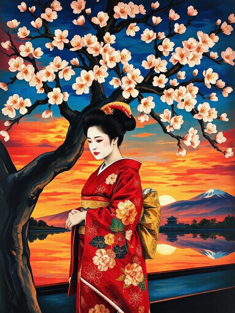 Geisha Under Blossom Tree at Sunset in Kandinsky Style