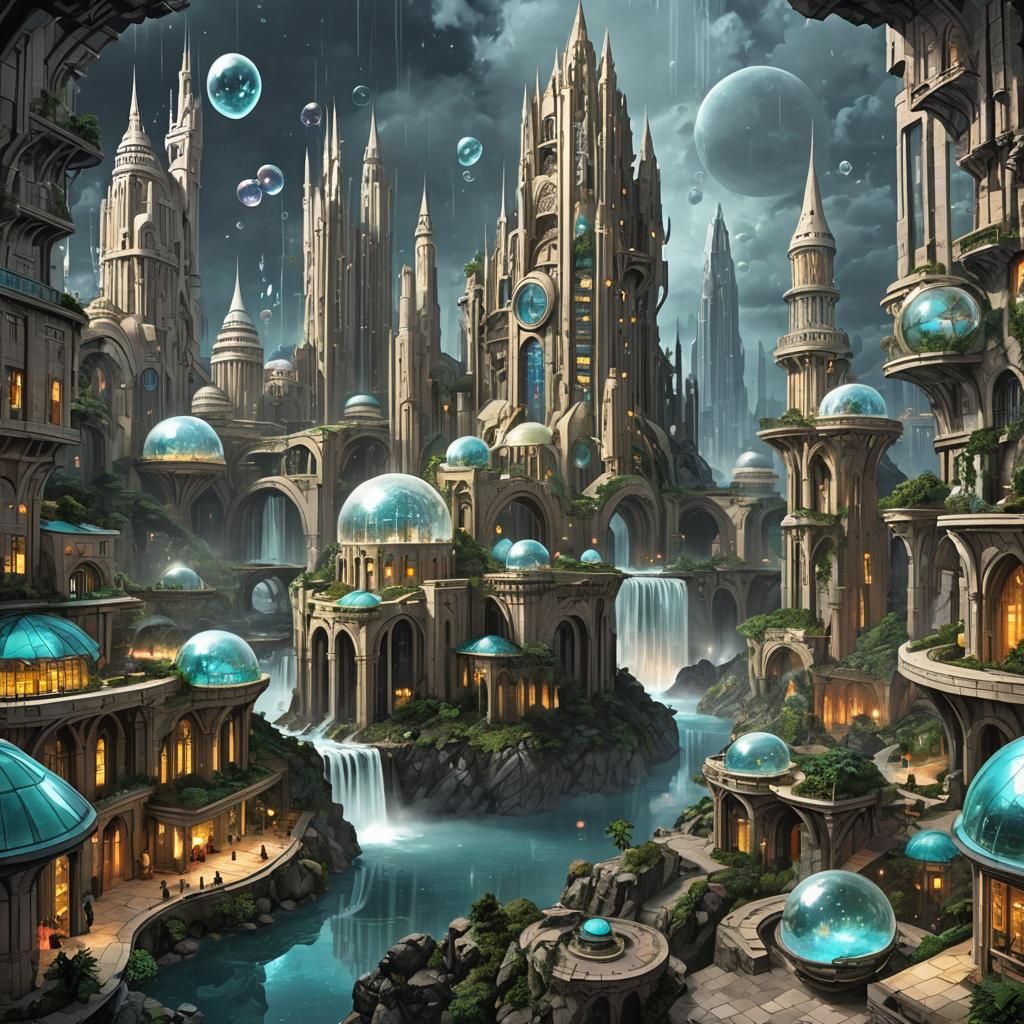 Rainy Cyberpunk Atlantis: Crystal City in Domes