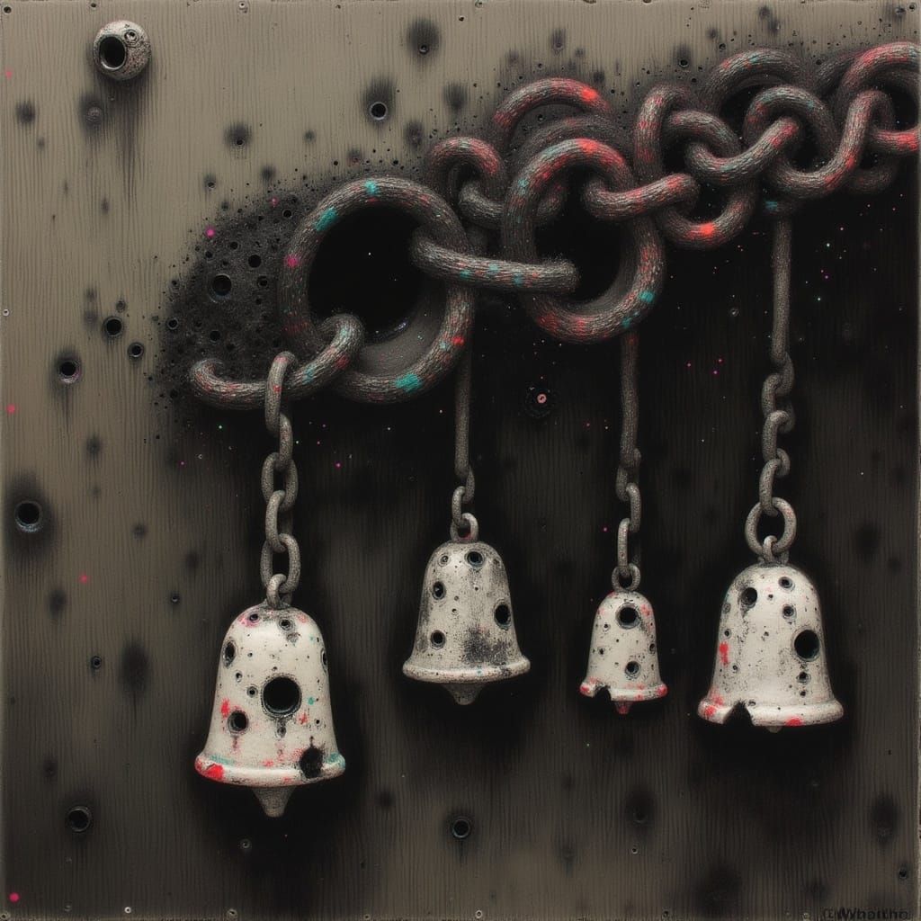 Rusted Chain and Bells in Dark Surrealism